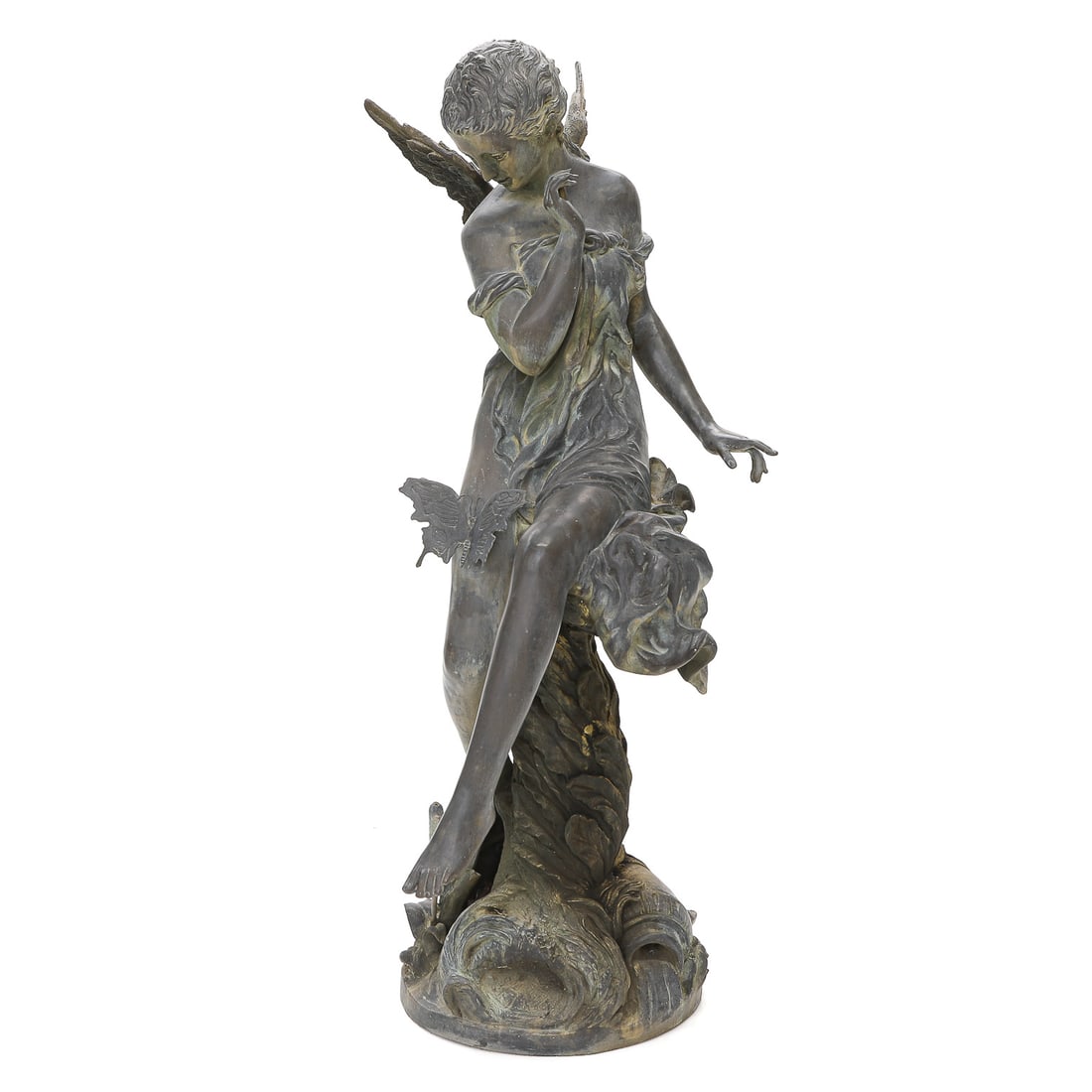 Verde Bronze Fountain of Winged Fairy Sitting on a Leafy Base (1 of 10)