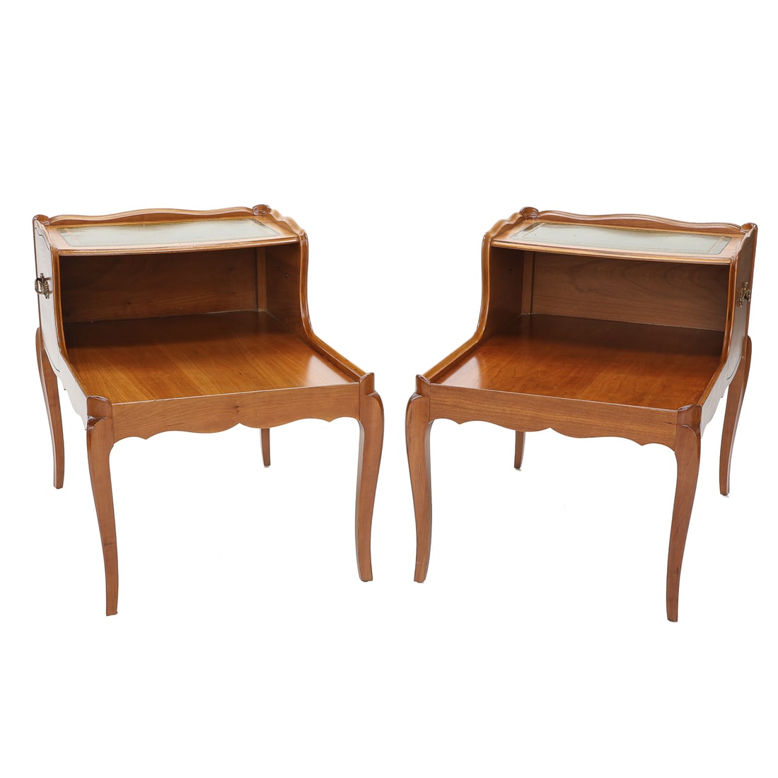 Vintage Mid-Century Cherry Wood and Leather Step Up End Tables, Pair (1 of 9)
