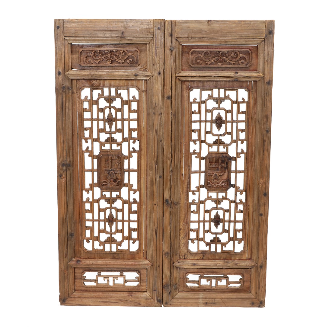 Vintage Chinese Pierced and Carved Elm Wood Window Panels, Attached as a Pair (1 of 7)