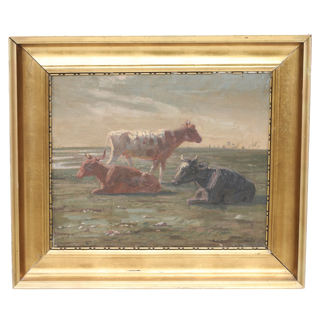 19th C. Pastoral Scene, Oil on Canvas, Signed Luplan Jamisety: 19th C. Pastoral Scene, Oil on Canvas, Signed Luplan Jamisety, Featuring Three Cows (Two Reclining, One Standing), Painting Sits in a Gold Frame. 22" Wide, 19" High (As Found - Several Old Repairs Pre