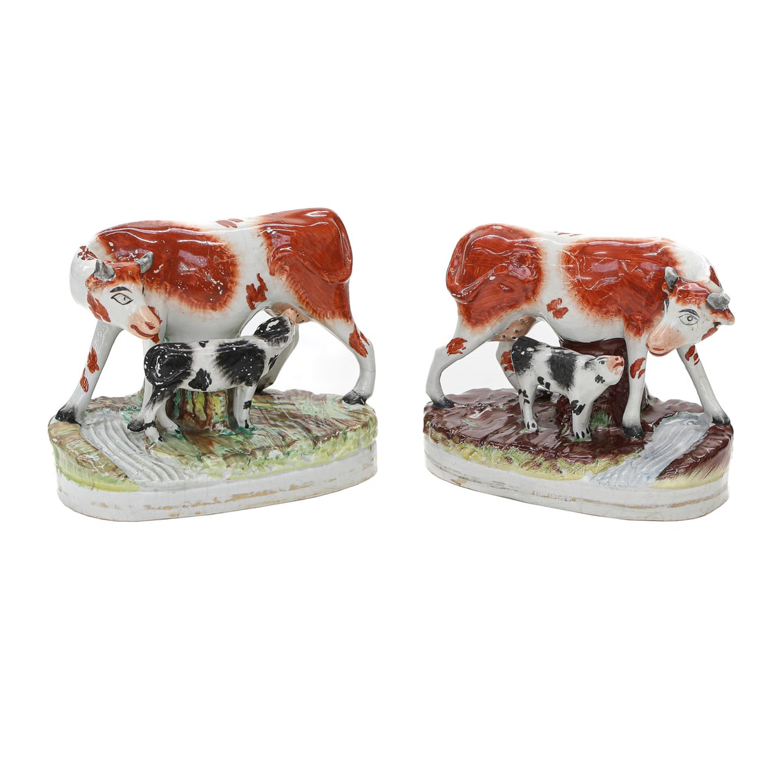 19th C. Russet and White Staffordshire Cow Figures of Cow and Calf, Two Total (1 of 7)