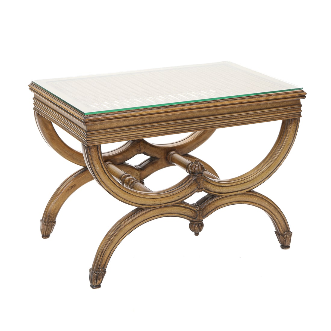 Regency Style Bench in Fruitwood and Olivewood Finish Converted to a Side Table with Glass Top (1 of 7)