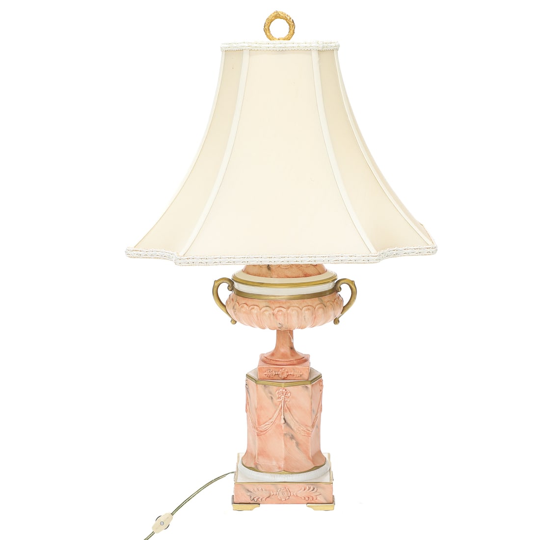 Vintage White, Gold and Salmon Colored Urn Formed Lamp with Reeded Body: Vintage White, Gold and Salmon Colored Urn Formed Lamp with Reeded Body, Gold Handles, Octagonal Body with Floral and Ribbon Swag, Resting on Square Base with Gold Feet, Includes Shade. 15" Wide, 15"