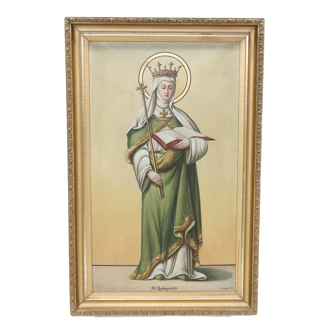19th C. Full Body Portrait, St. Radegundis, Signed B. Imhoff, 1906: 19th C. Full Body Portrait, St. Radegundis, Signed B. Imhoff, 1906, Portrait is of French Female Saint and Nun St. Radegundis Whom Founded Her Own Monastery, She is Wearing a Crown, Holding a Scepter,