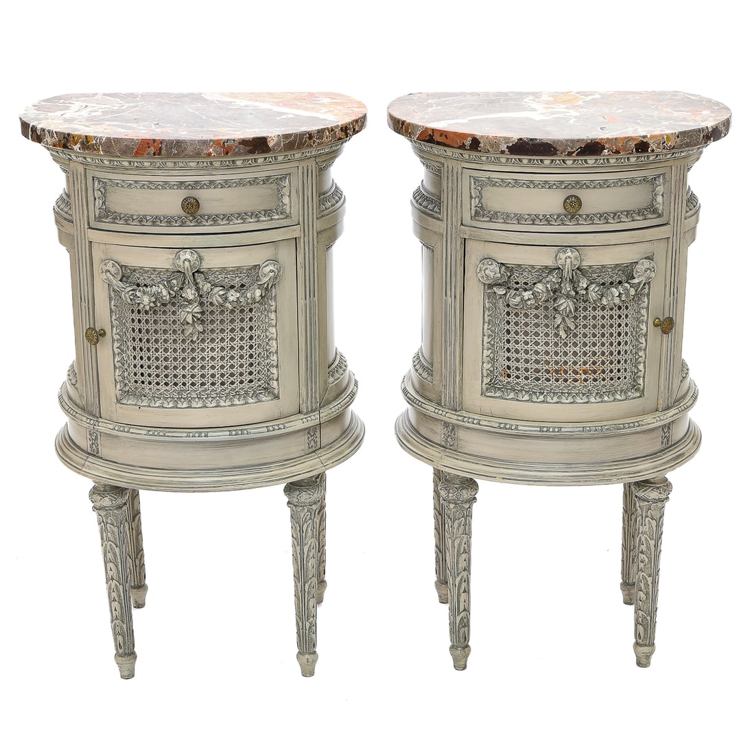 Late 19th C. Louis XVI Style Painted Marble Top Nightstands, Pair (1 of 8)