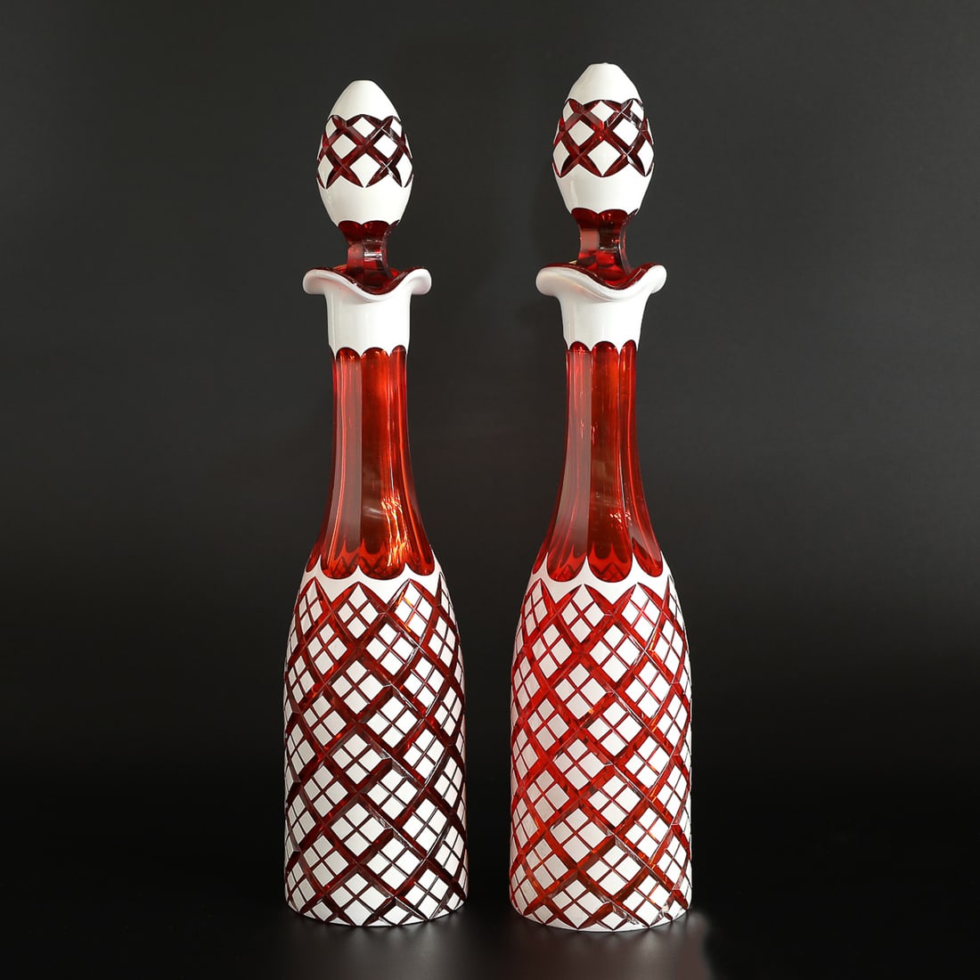 Vintage Bohemian Cranberry Decanters, Companion Pair, with White Overlay (1 of 6)