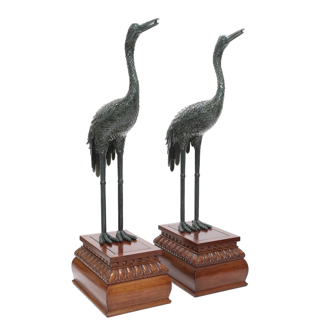Life Size Solid Jade Cranes, Pair, with Inlaid Tiger Eye Pupils (1 of 20)