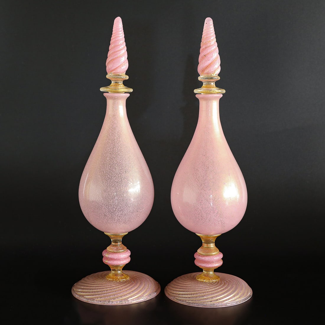 Vintage Pink Italian Murano Glass Decanters, Pair, with Gold Fleck Mica Designs (1 of 6)
