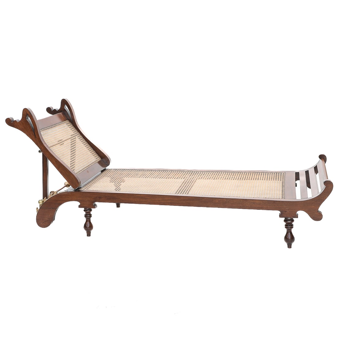 French West Indies Style Mahogany Chaise Lounge: French West Indies Style Mahogany Chaise Lounge Having Durable Plastic Cane Seat and Back, Shaped Back Side Rails, Brass and Cooper Adjustment Brackets on the Back, and Resting on Turned Feet. 25.5" W