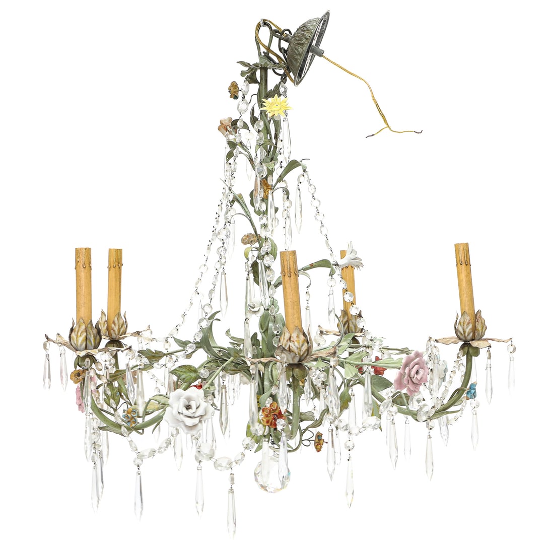 Vintage Decorative GIM MC Chandelier Having Verde Painted Metal Leaf and Vine Design: Vintage Decorative GIM MC Chandelier Having Verde Painted Metal Leaf and Vine Design with Crystal Chains and Prisms, Glass Flower Details, and Floral Bobeches, and Crystal Ball Bottom. 29" Diameter, 3