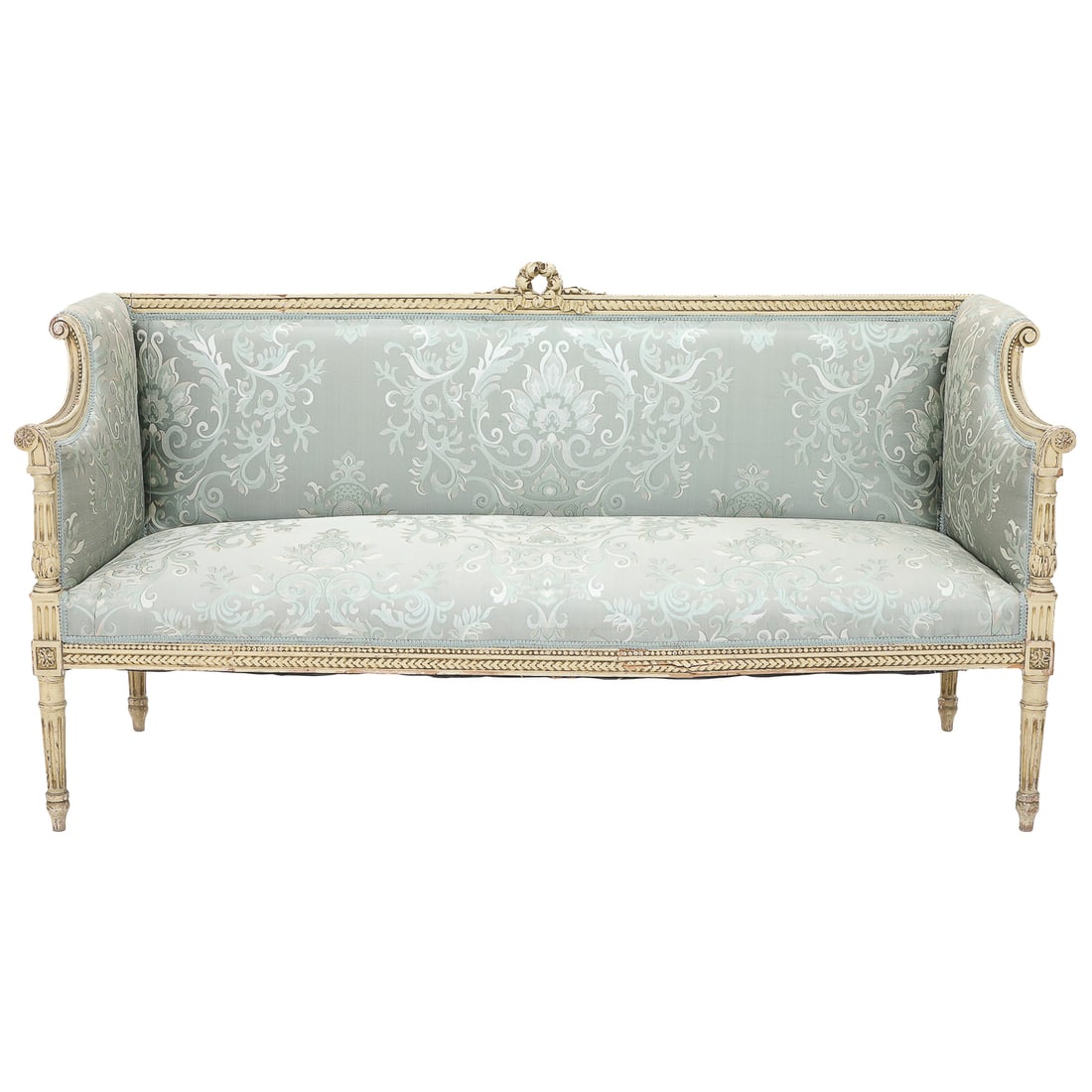 Louis XVI Style Painted Rectilinear Carved Settee: Louis XVI Style Painted Rectilinear Carved Settee with Green Painted Silk Fabric, Having Floral Wreath Carved Top Rail, Beaded and Leaf Carvings, Fluted Arm Supports, Closed Arms, Floral Die Joints, L