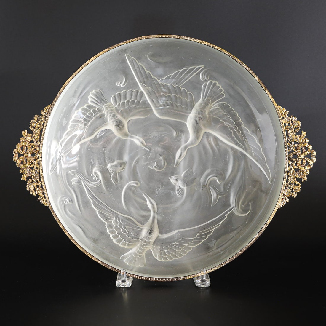 Unsigned Verlys Style Frosted Glass Charger Featuring Birds in Flight and Koi Fish (1 of 5)
