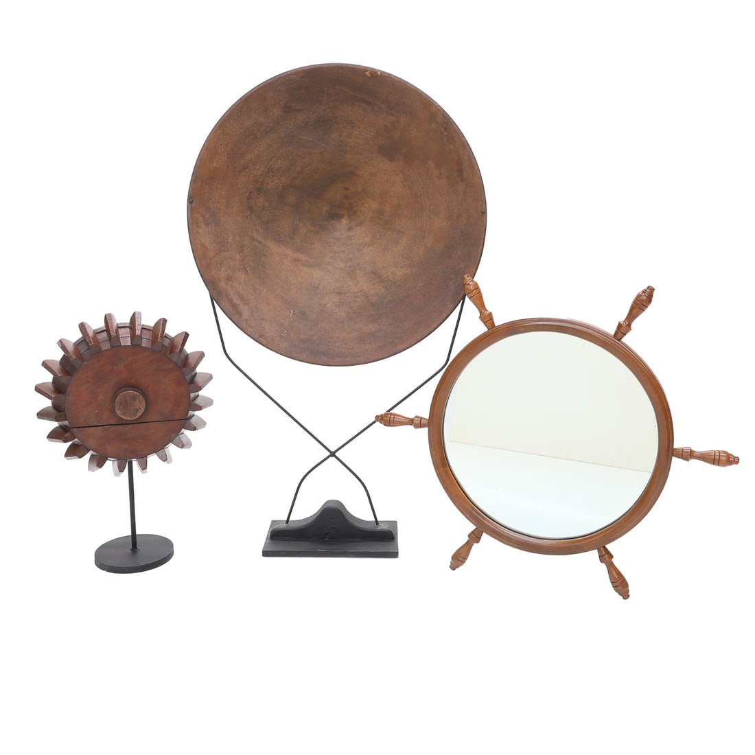 Vintage Items, Three Total, Wooden Ships Wheel Mirror, Gold Mining Pan and Wooden Gear Part (1 of 12)