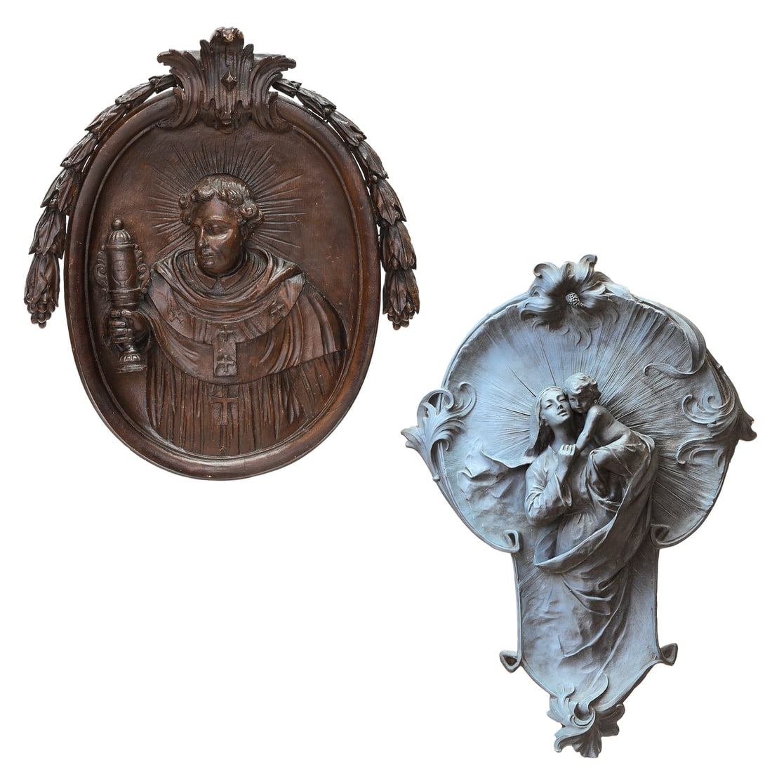 Vintage Religious Plaques, Two Total, One Carved Oak the Other Blue Ceramic (1 of 12)