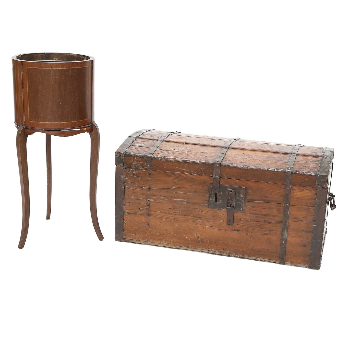 Vintage American Heart of Pine Dome Top Trunk and Sheraton Style Mahogany Planter, Two Pieces (1 of 7)