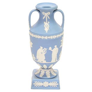 Vintage Wedgwood Blue Jasperware Cameo Neoclassical Double Handled Urn: Vintage Wedgwood Blue Jasperware Cameo Neoclassical Double Handled Urn on Square Plinth Base. 4" Diameter, 9" High