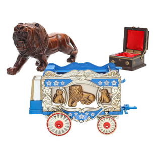 Group of Three Decorative Accessories, Trinket Box, Carved Lion, Jim Beam Wagon: Decorative Accessories, Group of Three, Including, Vintage Asian Wood and Brass Trinket Box, Having Brass Bound Edges, Brass Hinge, and Brass Flowers, Interior Reveals Red Silk Lining, 4" Wide, 3.75"