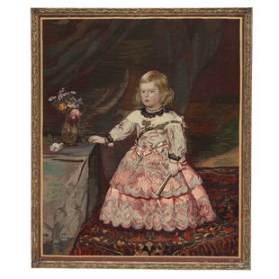 20th C. Signed and Dated Framed Tapestry, Infanta Margarita Teresa in Pink Gown: 20th C. Signed and Dated Framed Tapestry, Infanta Margarita Teresa in Pink Gown, Signed R. Hocheid, 1934, Lower Right Corner, Featuring a Hand-Woven Tapestry by Hocheid of Diego Velazquez's Important