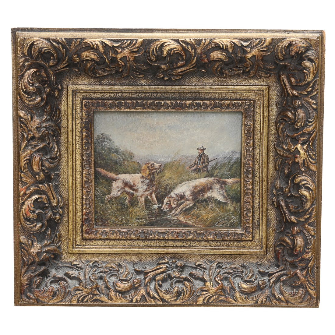 Hunt Scene, Oil on Canvas, Hunter Along with Two Spaniels Hunting for Game Birds (1 of 5)