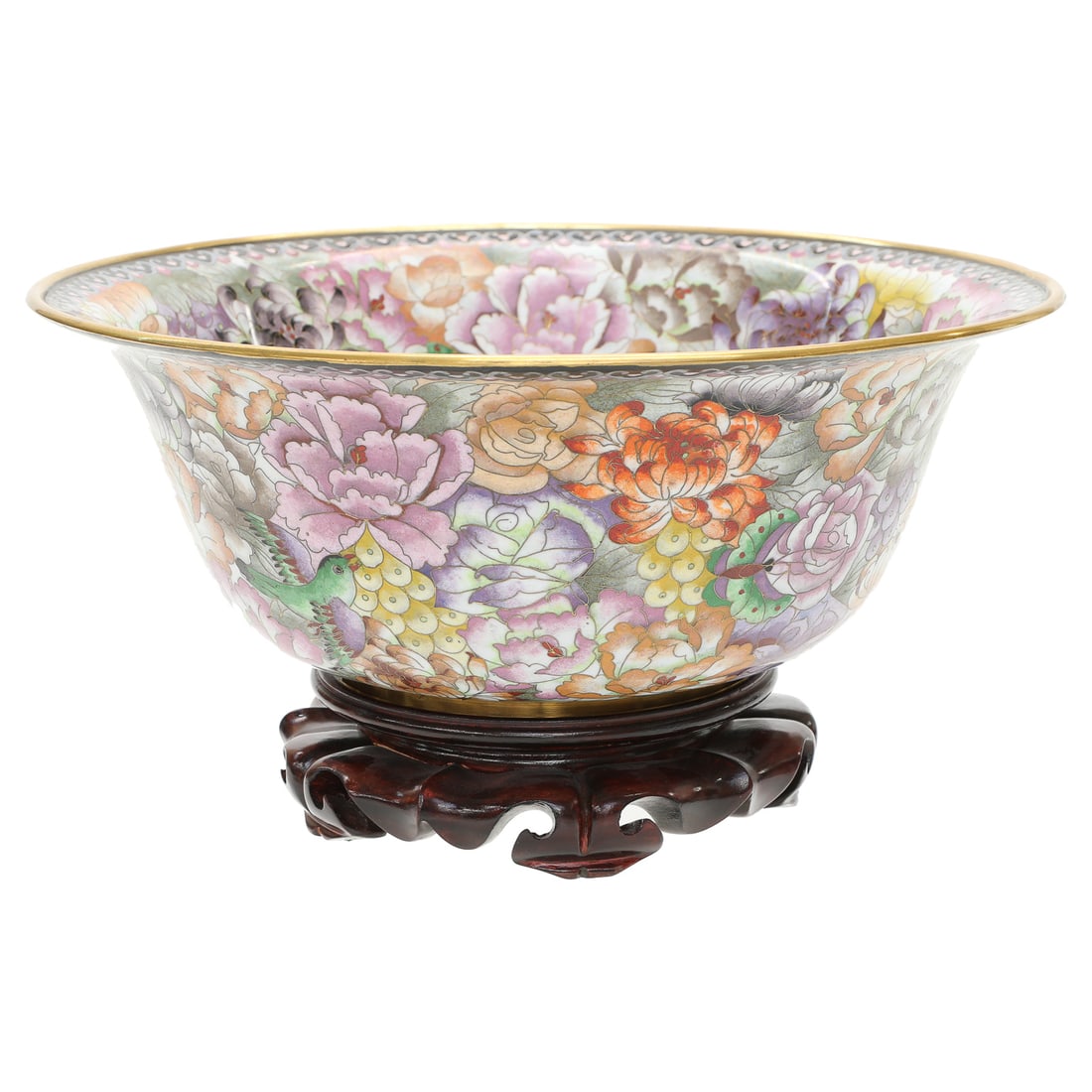 Mid-Century Round Lavender Cloisonne Porcelain Bowl: Mid-Century Round Lavender Cloisonne Porcelain Bowl, Having Fabulous Lavender and Orange Floral Designs with Interior Featuring Bright Green Birds and Butterflies, Brass Bound Top and Bottom, Great Co