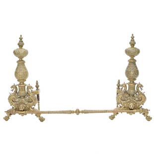 19th C. Ornate Gilt Bronze Baroque Style Andirons, Pair, with Original Cross Bar: 19th C. Ornate Gilt Bronze Baroque Style Andirons, Pair, of High Quality with Original Cross Bar, Having Finial Shaped Tops, Urn Shaped Bases, Fluted Columnar Supports Flanked by Double Dragon Scroll