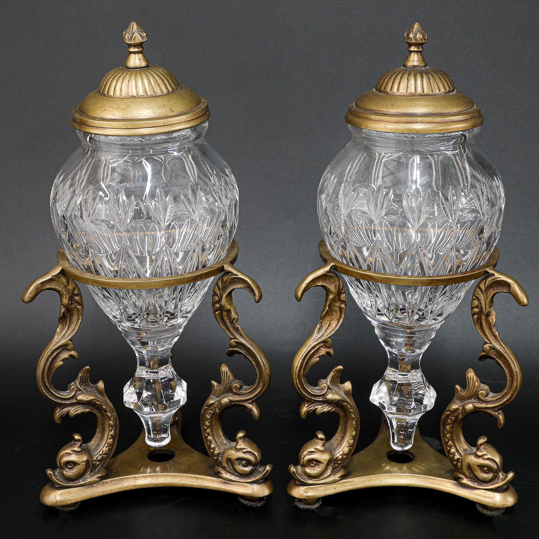 Vintage Castilian Imports Cut Glass and Burnished Brass Urns, Pair (1 of 4)