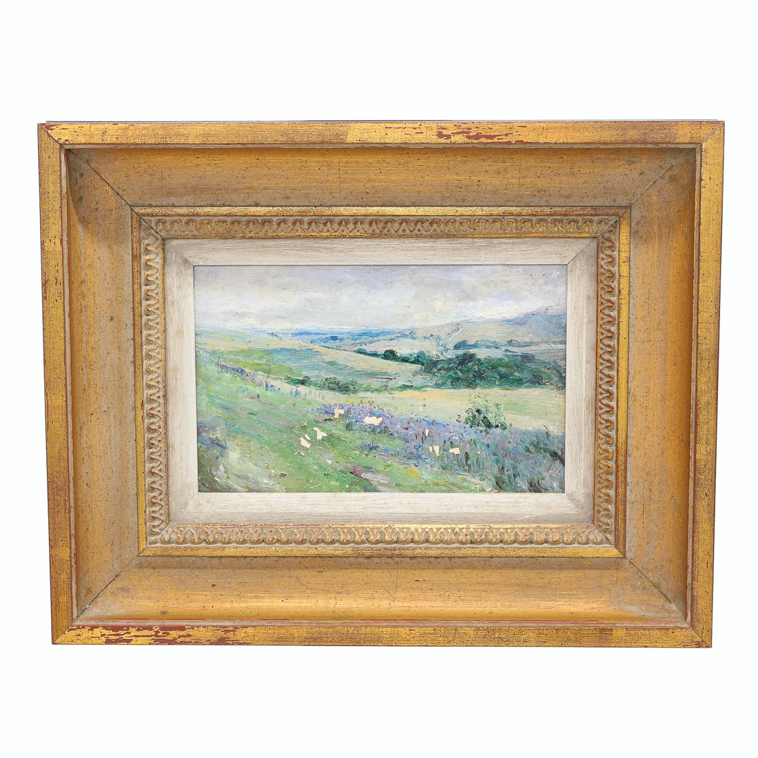 Landscape Scene, Oil on Artist Board, Featuring Lavender Flowers in a Lush Green Valley: Landscape Scene, Oil on Artist Board, Featuring Lavender Flowers in a Lush Green Valley, Resting in Gold Leaf Frame, 14.25" Wide, 2" Deep, 11.25" High, Board - 10" Wide, 7" High (As Found - Some Paint