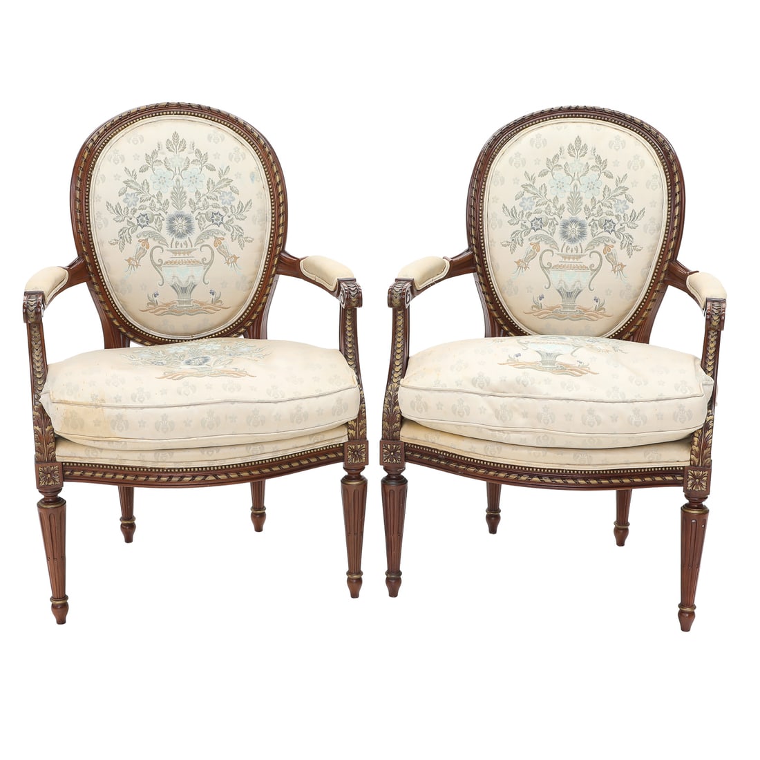 Louis XVI Style Cabriolet Armchairs in Fruit Wood Finish, Pair: Louis XVI Style Cabriolet Armchairs in Fruit Wood Finish, Pair, Having Carved Oval Backs, Upholstered Arm Pads, Acanthus Leaf Carved Arm Supports, Shaped Carved Aprons, Rosette Carved Die Joints, Rest