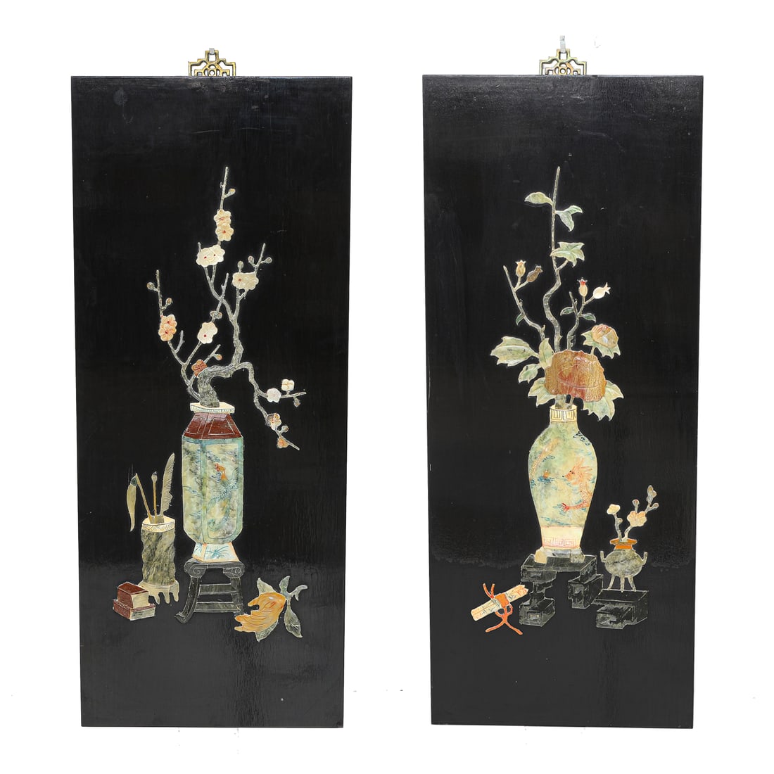 Oriental Wall Panels, Ebony in Color, Featuring Raised Floral Arrangements in Urns on Stands in (1 of 9)