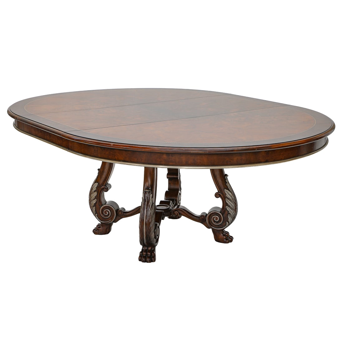 Vintage Henredon Burl Walnut Dining Table: Vintage Henredon Burl Walnut Dining Table, Converts From Round To Oval with One Additional Leaf, Top Having Dark Burl Walnut Band with Ebony and Satinwood Alternating Square Inlaid Bands, Table Rests