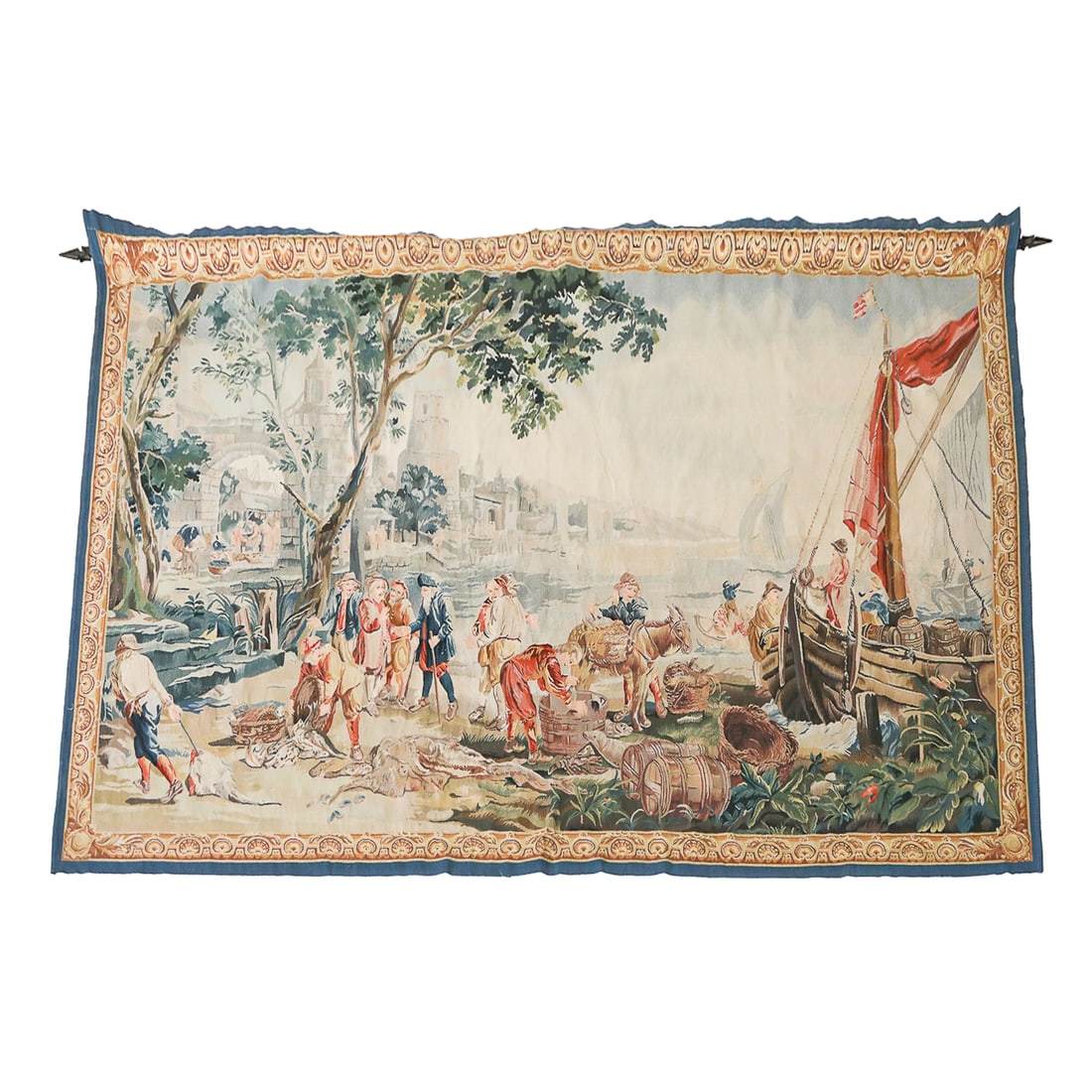 Mid-Century Hand Woven Needlepoint Wall Tapestry Depicting European Coastal Fish Market Scene (1 of 6)