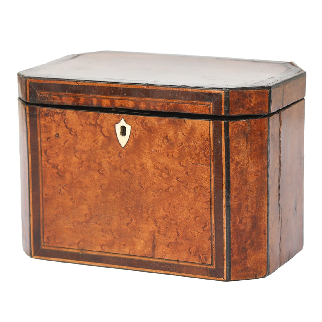 19th C. Georgian Style Burl Elm Tea Caddy: 19th C. Georgian Style Burl Elm Tea Caddy, Octagonal in Shape, Having Rosewood, Satinwood and Ebony String Inlays, Bone Escutcheon, Interior Reveals Double Tea Storage Compartments with Lids Having Eb