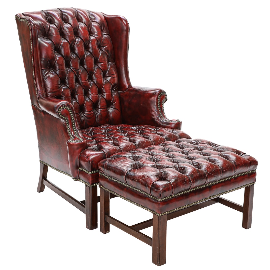 Hickory Chair Furniture Company Merlot Color Tufted Leather Wing Back Arm Chair and Matching Ottoman (1 of 9)