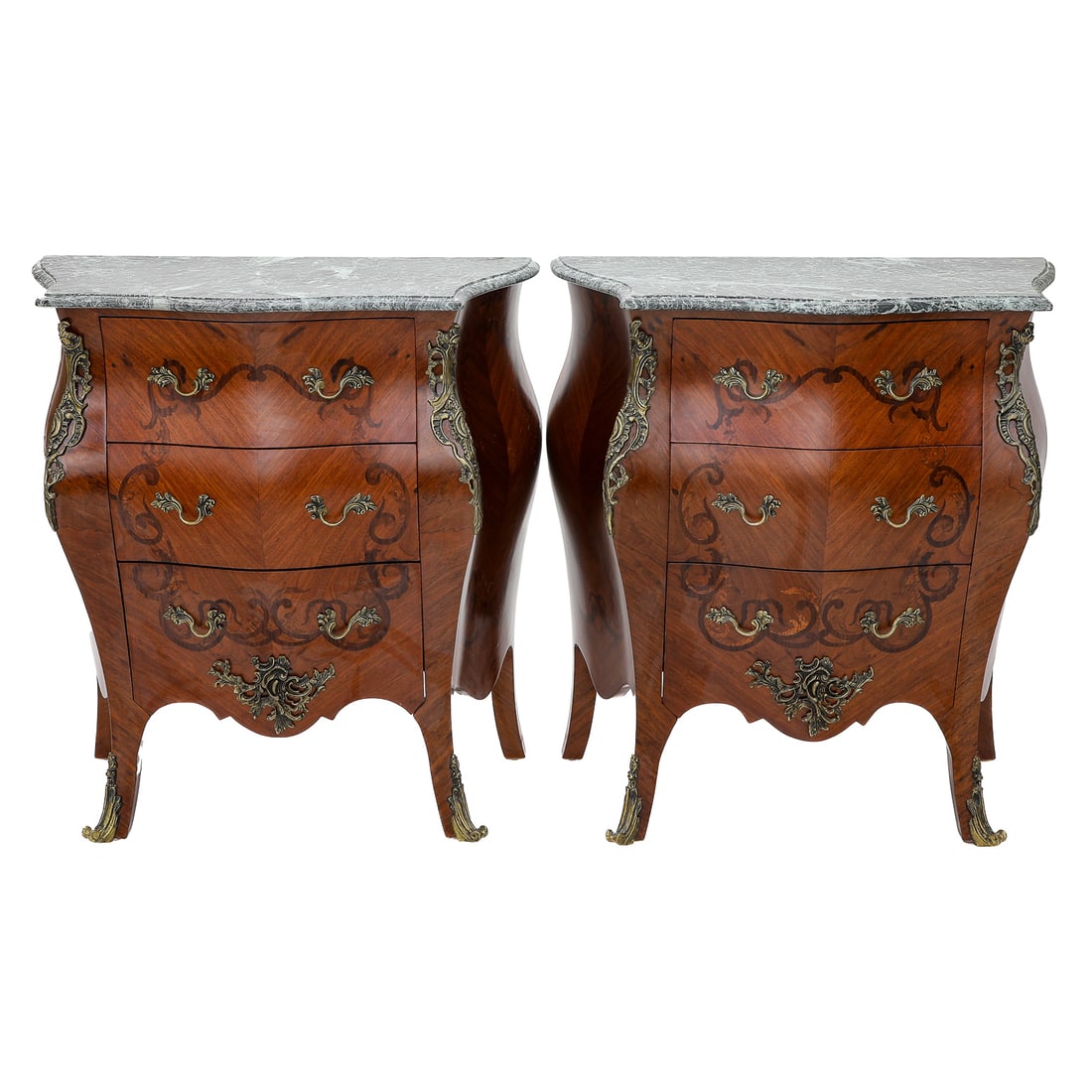 Louis XV Style Kingswood Marble Top Bombe Commodes, Pair: Louis XV Style Kingswood Marble Top Bombe Commodes, Pair, Having Verde Green Marble Tops, Three Full Floral and Vine Inlaid Drawers Having Brass Pulls, Brass Mounted Sides, Floral and Vine Inlaid Side