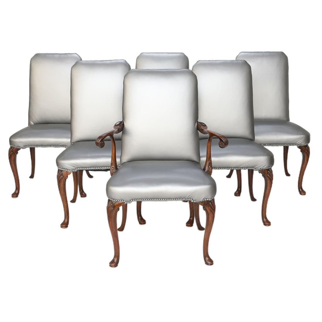 Late 19th C. Queen Anne Style English Walnut Upholstered Dining Chairs, Set of Six (1 of 10)