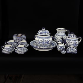 Collection of Cobalt Blue and Ivory Floral Glazed Mexican Pottery, 39 Pieces Total