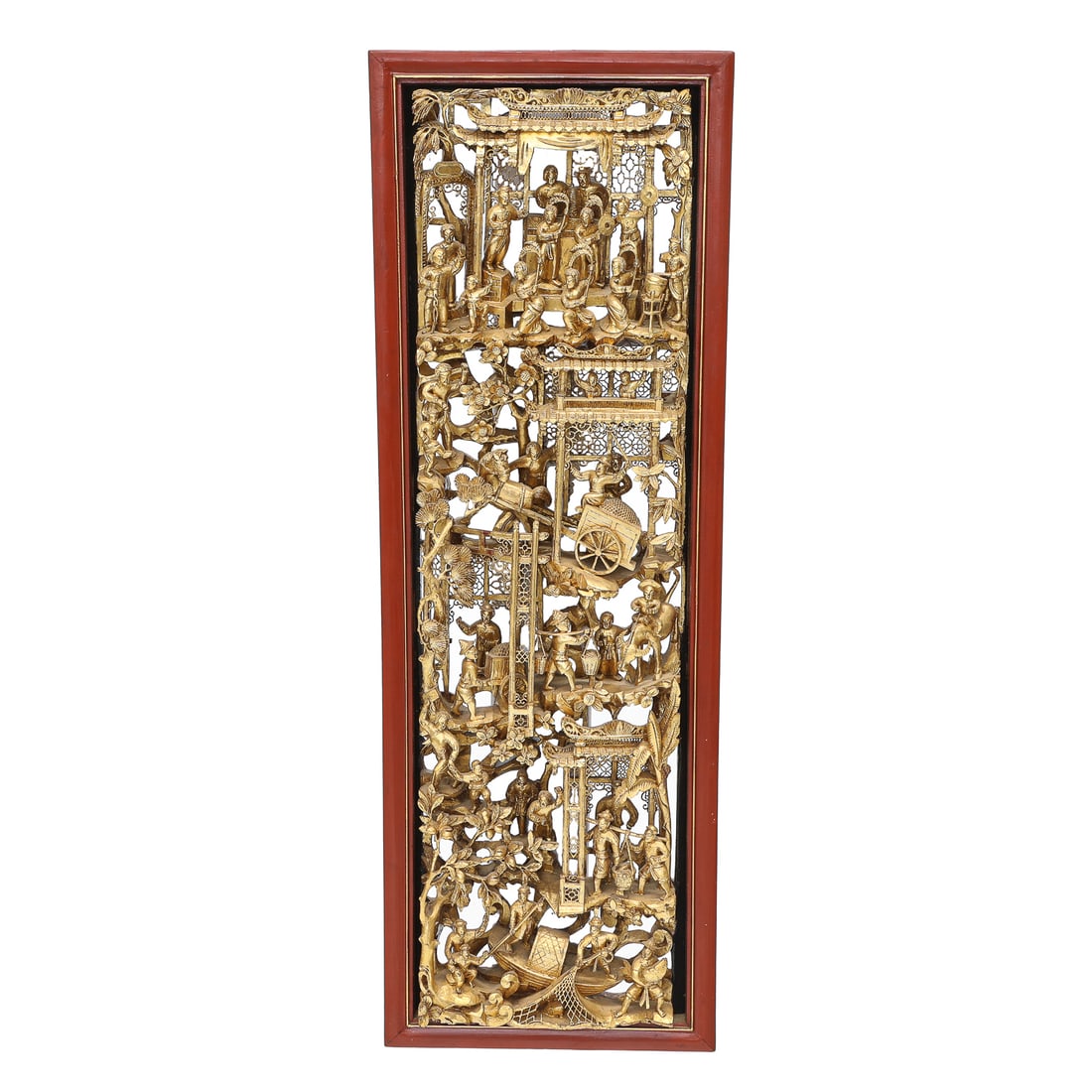 Vintage Heavily Hand-Carved Gilt Wood Chinese Wall Panel, Housed in Red Lacquered Frame (1 of 6)