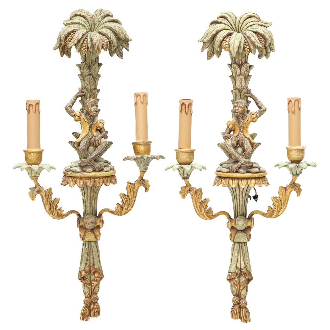 Vintage Italian Carved and Painted Two Branch Sconces, Pair (1 of 11)