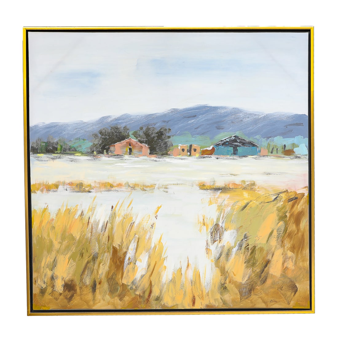 Contemporary Landscape Scene, Oil on Canvas: Contemporary Landscape Scene, Oil on Canvas, Depicting Landscape Featuring Village and Field, Housed in Black Metal Frame with Gold Accents. 41.5" Wide, 1.5" Deep, 41.75" High