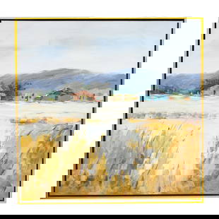 Contemporary Landscape Scene, Oil on Canvas: Contemporary Landscape Scene, Oil on Canvas, Depicting Landscape Featuring Village and Field, Housed in Black Metal Frame with Gold Accents. 41.5" Wide, 1.5" Deep, 41.75" High