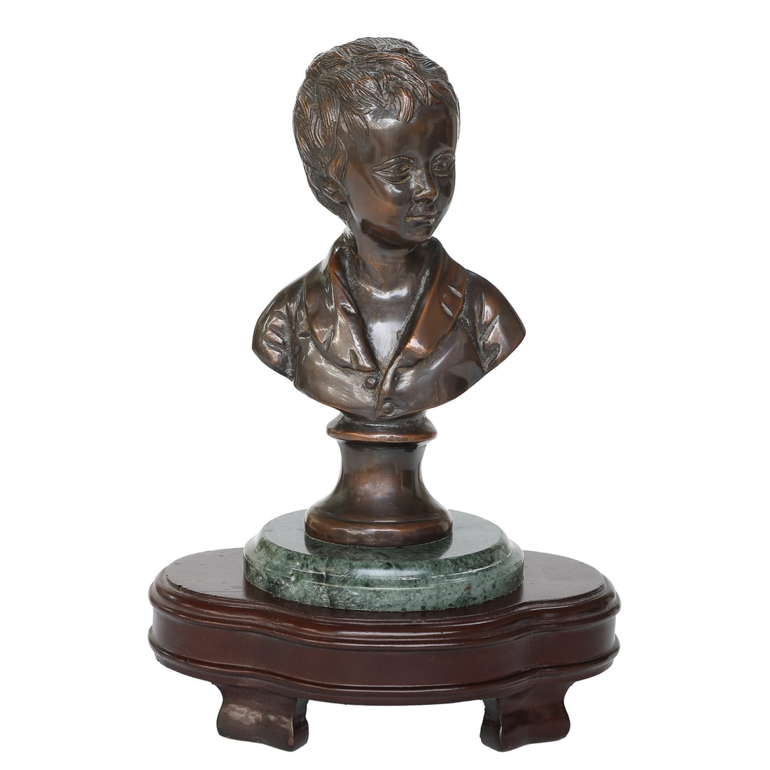 Spelter Bust Sculpture of Young Male Resting on Verde Green Round Plinth Marble Base (1 of 7)