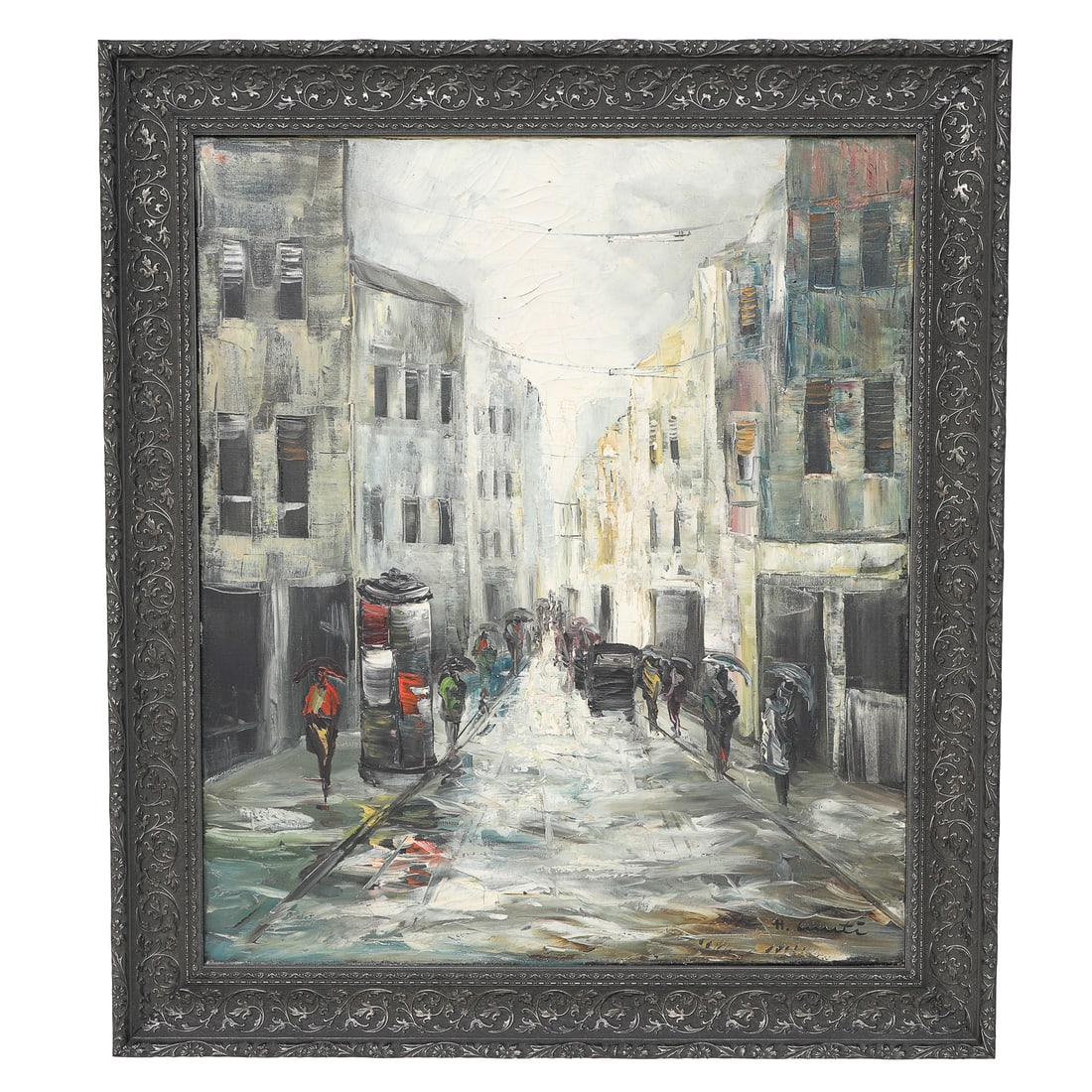 Paris Street Scene, Oil on Canvas, Featuring Parisian Street Scene on a Rainy Day (1 of 6)
