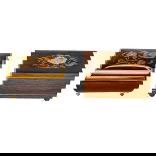 Vintage Inlaid Music Boxes, Two Total: Vintage Inlaid Music Boxes, Two Total, One Splendid Made in Italy Burl Walnut Inlaid Music Box Having Inlaid Floral Top, Reuege Swiss Musical Movement on Brass Feet, Plays on the Road Again; The