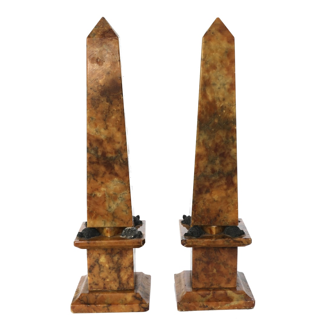 Antique Polished Brown Stone Obelisks, Pair, Featuring Four Metal Turtles (1 of 4)