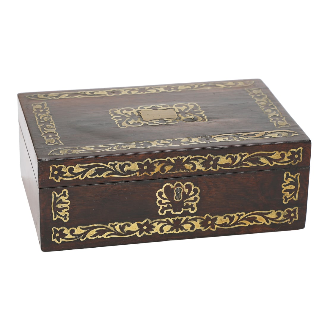 Vintage Mahogany Brass Inlaid Box: Vintage Mahogany Brass Inlaid Box, Having Vacant Brass Plaque on Top Center Surrounded by Floral and Vine Brass Inlays, Border on Top and Front Having Same Floral and Vine Brass Inlay Designs, Hinged