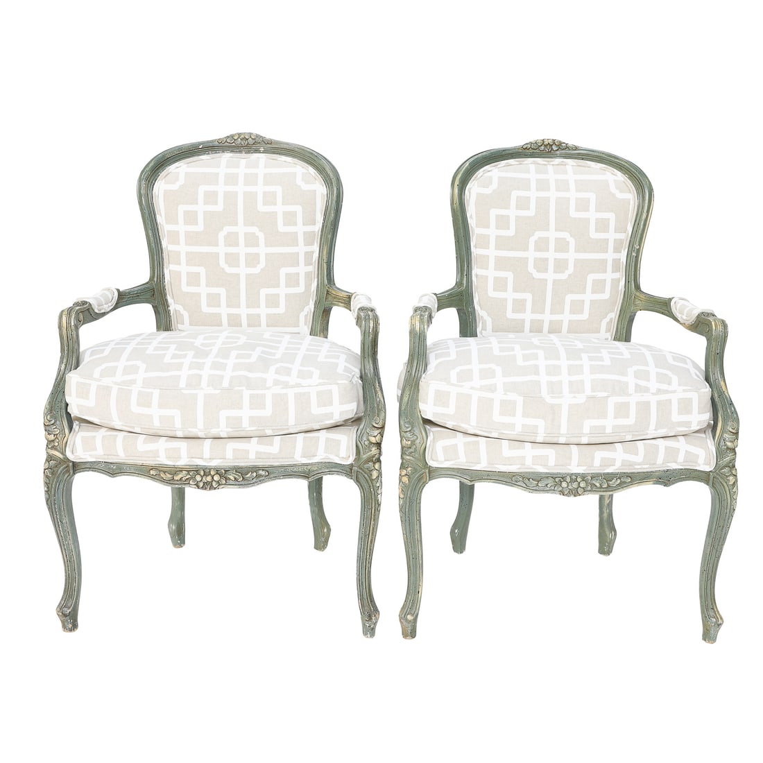 Louis XV Style Green Painted Cabriolet Arm Chairs, Pair: Louis XV Style Painted Green Cabriolet Arm Chairs, Pair, Having Rounded Back with Floral Carved Top Rail, Upholstered Manchettes, Carved Open Arms, Floral Carved Seat Rail, Resting on Curved Legs with