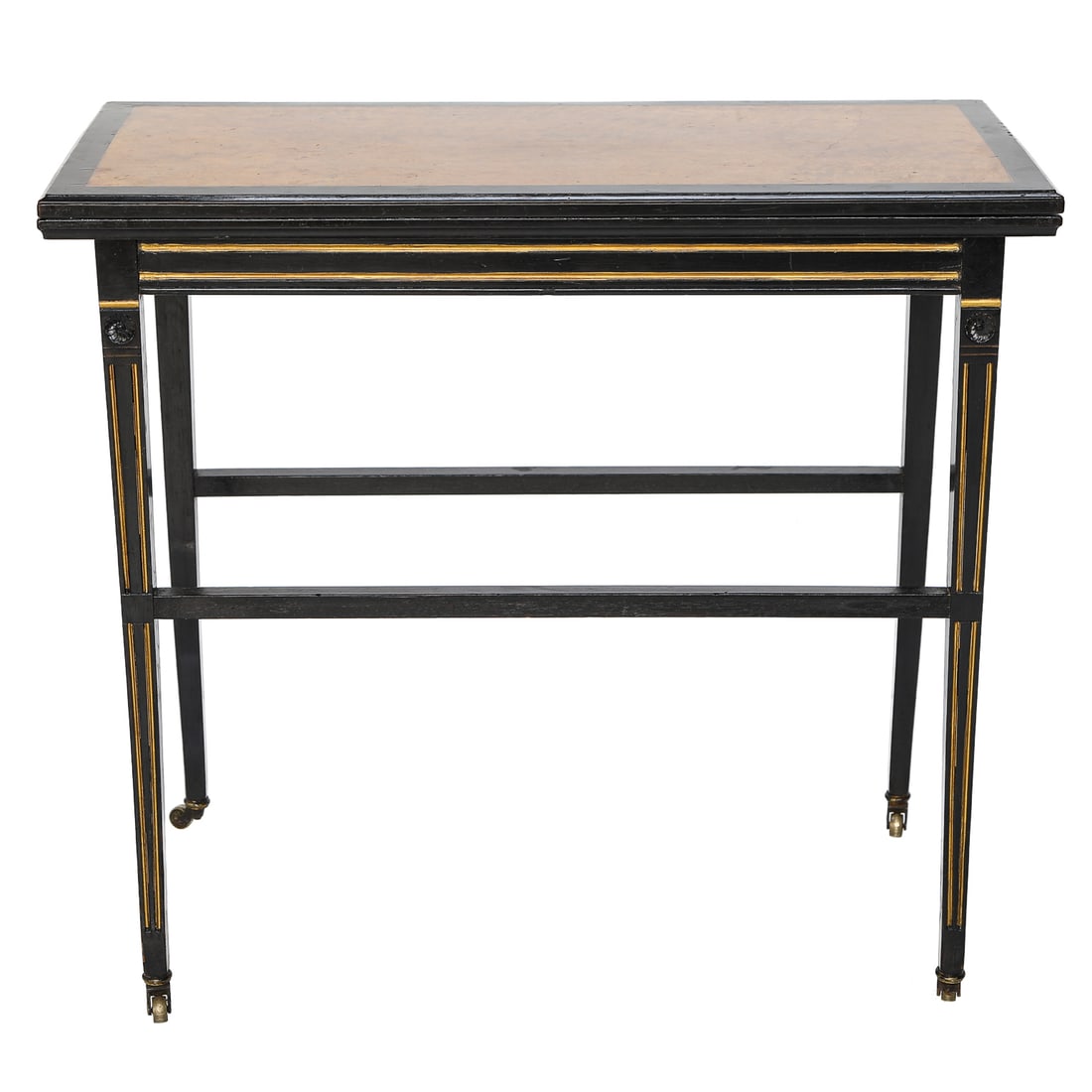 20th C. Aesthetic Period English Ebonized Mahogany and Myrtle Burl Lift, Swivel Top Game Table (1 of 9)