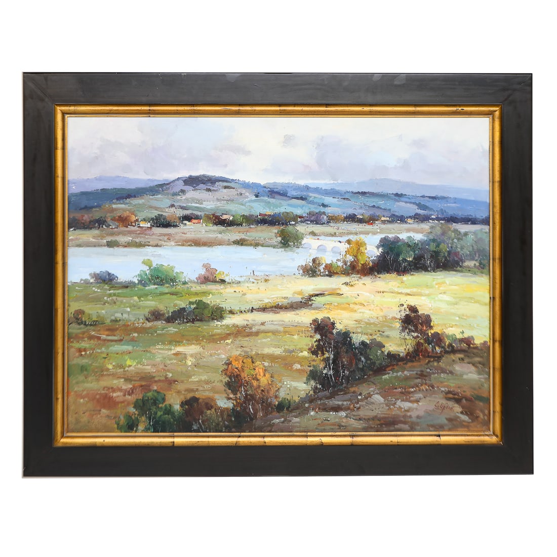 Contemporary Landscape Scene, Oil on Canvas, Depicting Landscape Scene with Bridge: Contemporary Landscape Scene, Oil on Canvas, Depicting Landscape Scene with Bridge, Signed Clifton Lower Right Corner, Housed in Gilt and Ebony Frame. 57.5" Wide, 1.5" Deep, 45.75" High; Canvas - 48"
