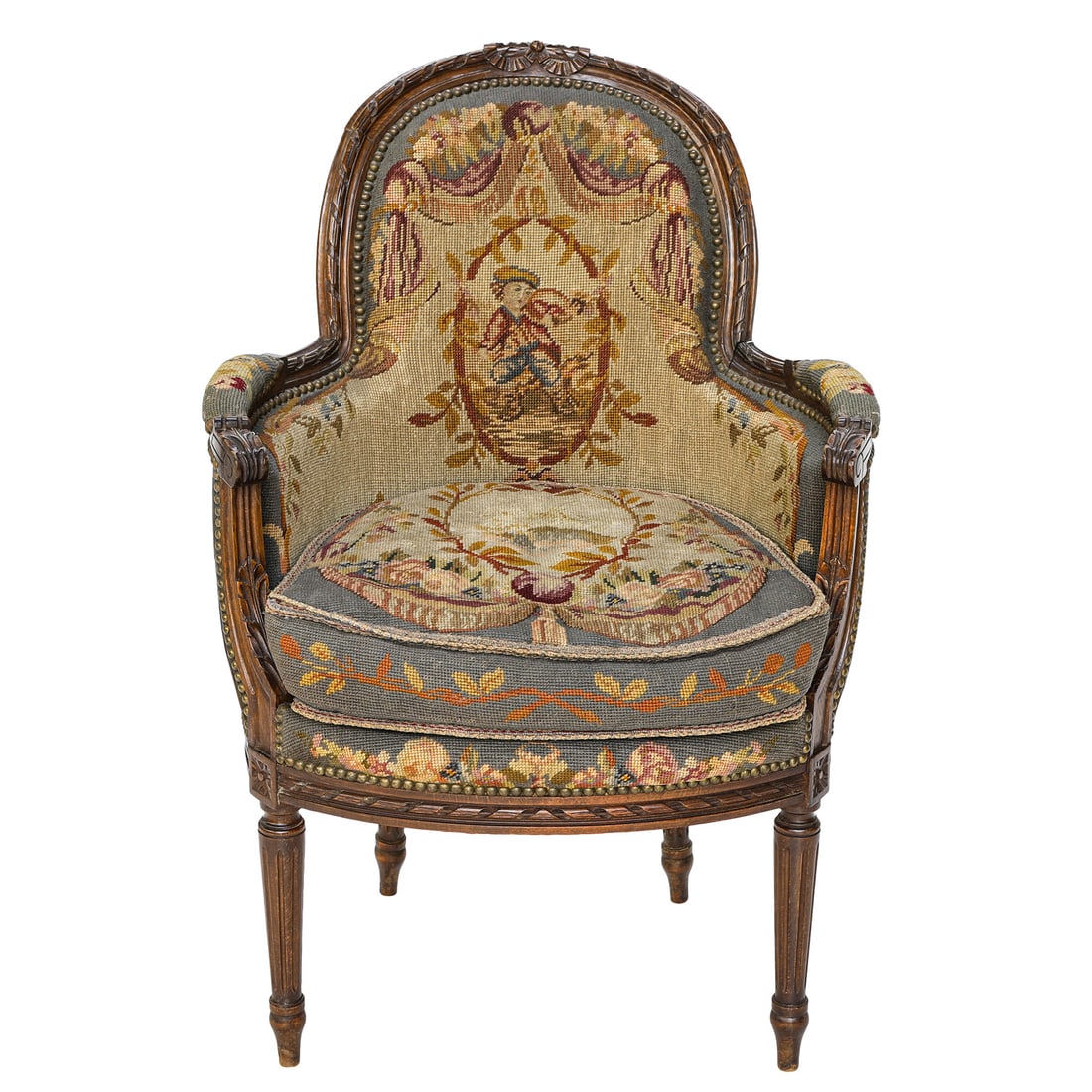 Late 19th C. Louis XVI Style Barrel Back Bergere Chair Covered in Needlepoint Upholstery (1 of 8)