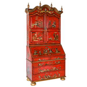 Late 19th C. English Red Lacquered Bureau Bookcase